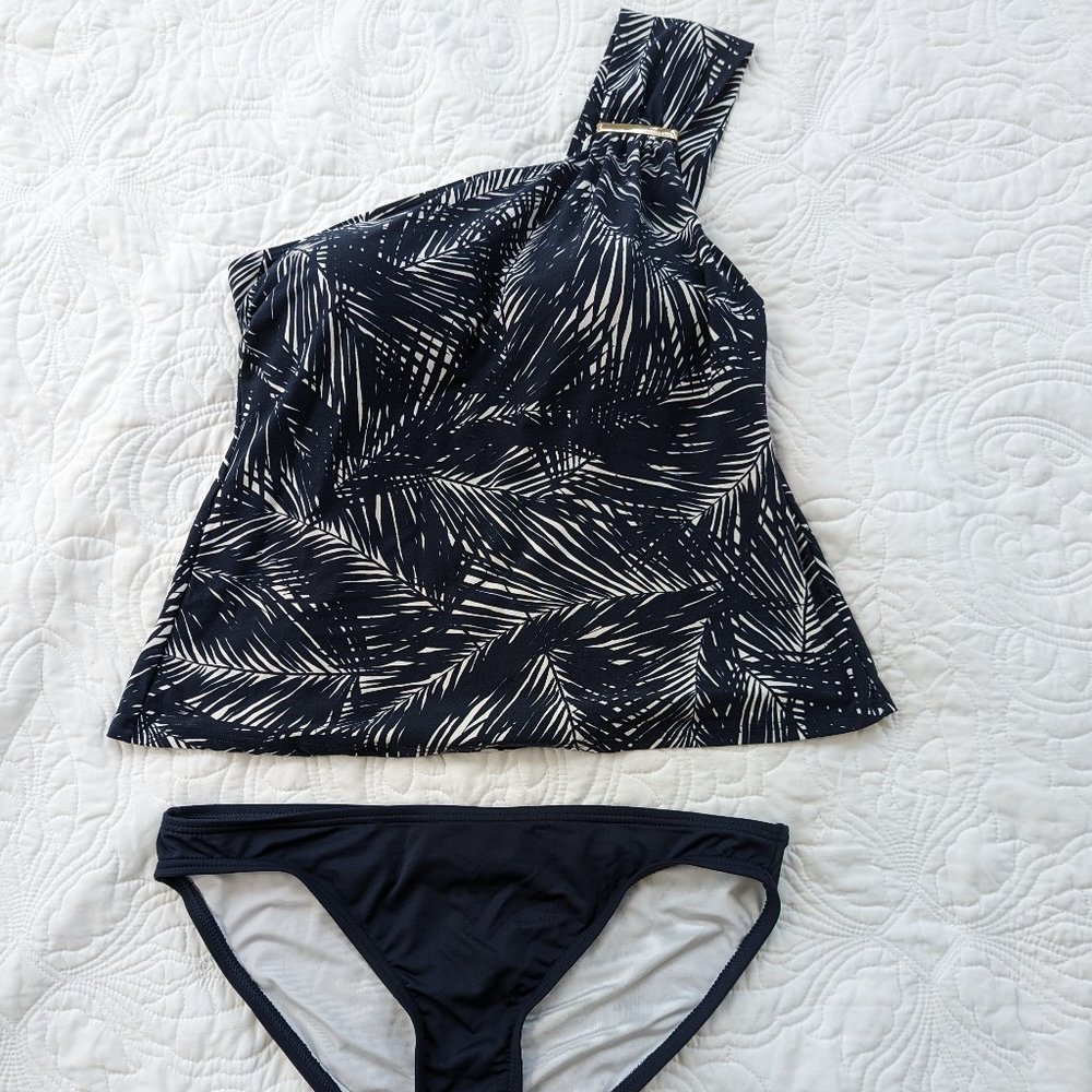 Michael Kors Palm Print Two Piece Tankini Bikini Bottoms Navy White One Shoulder